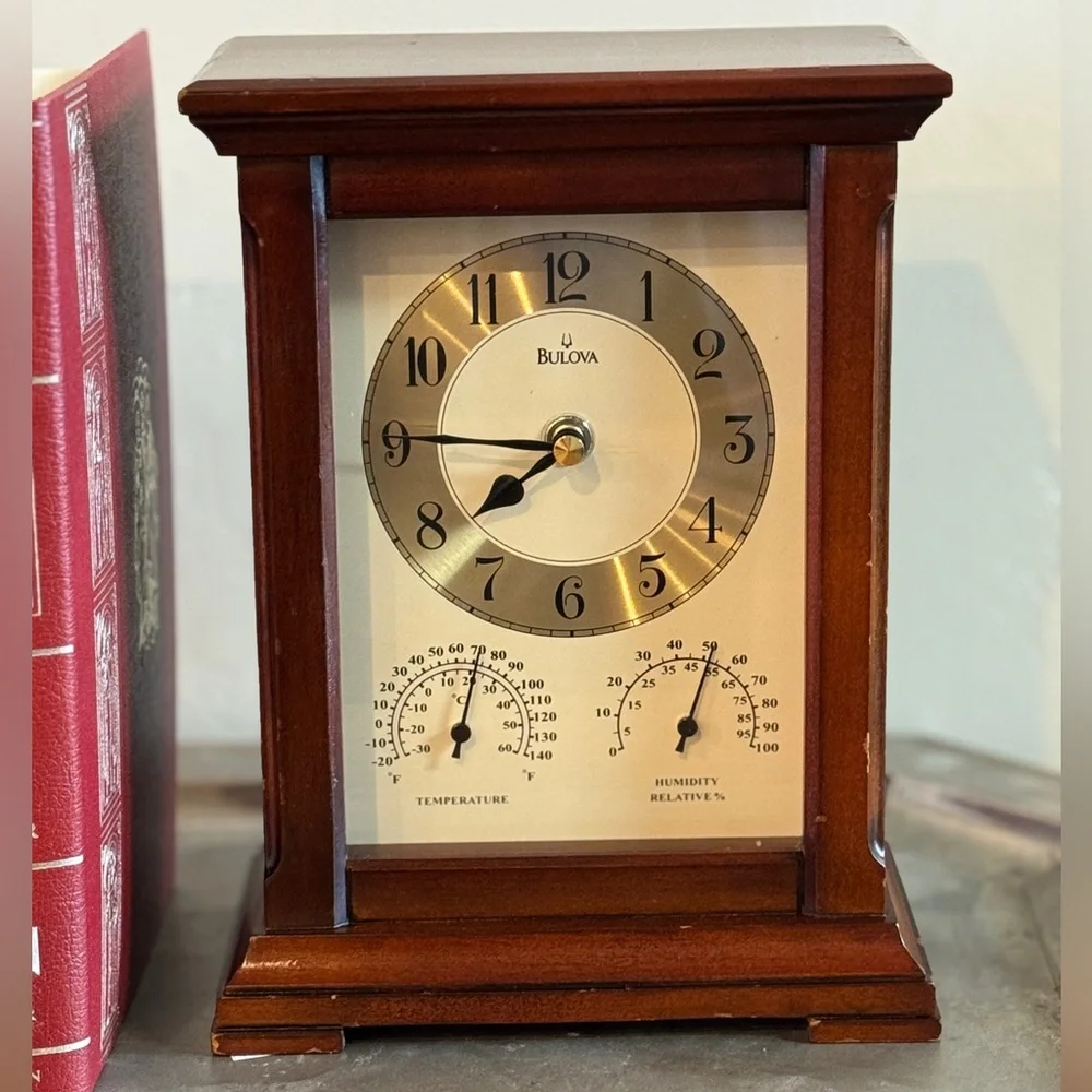 Vintage Bulova Gold and Brown Mantle Clock with Thermometer and Hygrometer